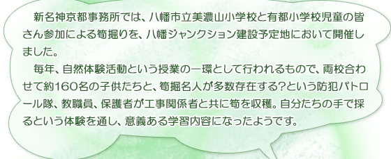 新名神京都事務所では、八幡市立美濃山小学校と有都小学校児童の皆さん参加による筍掘りを、八幡ジャンクション建設予定地において開催しました。