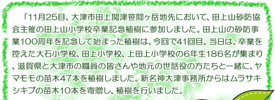 11月25目、大津市田上関津笹間ヶ岳地先において、田上山砂防協会主催の田上山小学校卒業記念植樹に参加しました。